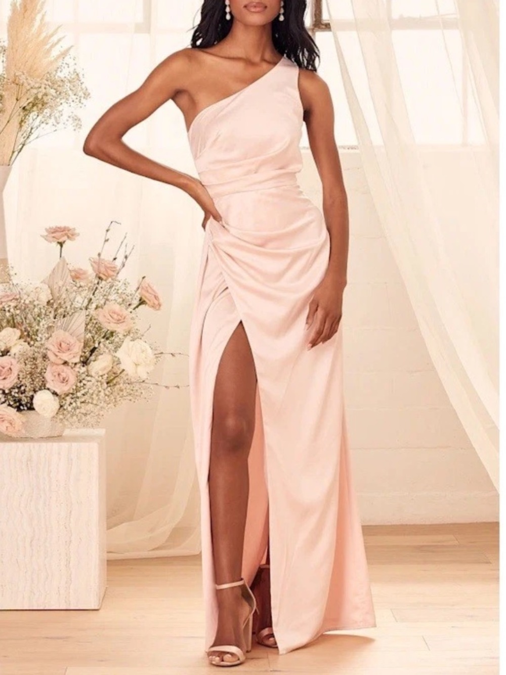 Lulu's One-Shoulder Blush Pink Satin Gown with Side Slit